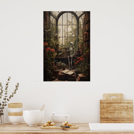 Botanical Library Skeleton Art Print, Dark ポスター (キッチン)