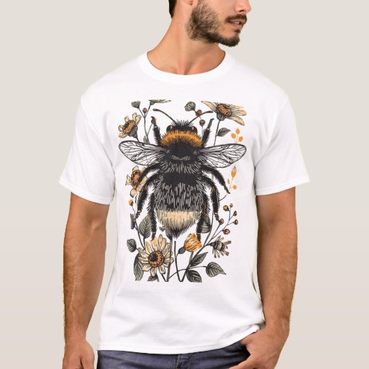 Botanical Linocut Bumblebee Design Tシャツ (正面)