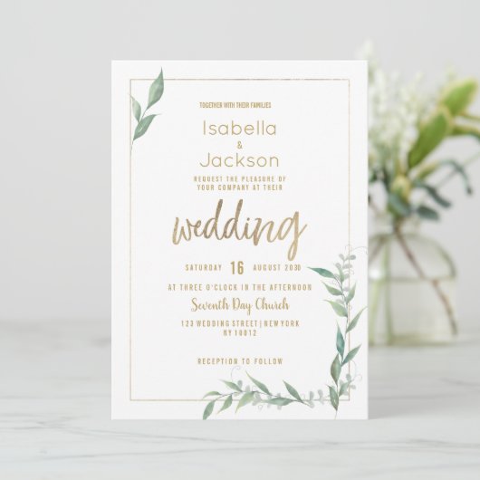 Botanical mint green gold greenery Wedding 招待状 (スタンド正面)