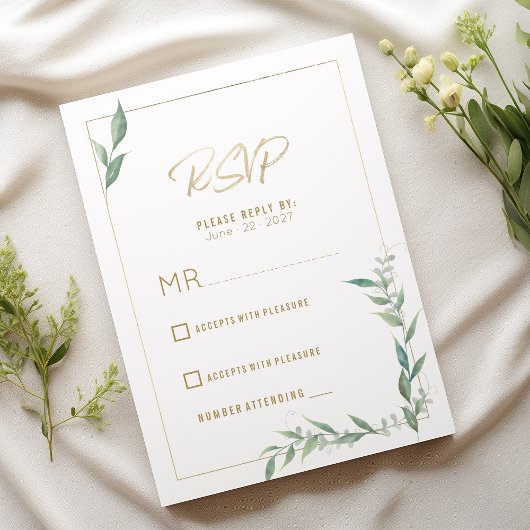 Botanical mint green gold greenery  Wedding RSVP  招待状