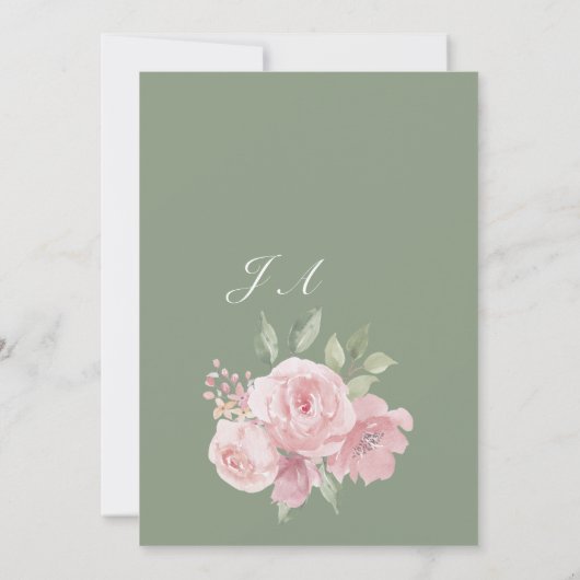 Botanical mint green pastel pink floral RSVP 招待状 (裏面)