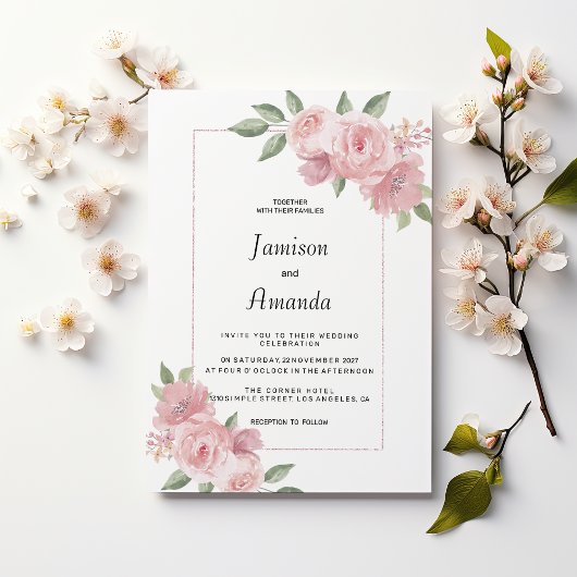Botanical mint green pastel pink floral Wedding 招待状