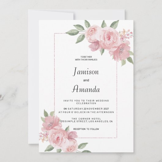 Botanical mint green pastel pink floral Wedding 招待状 (正面)