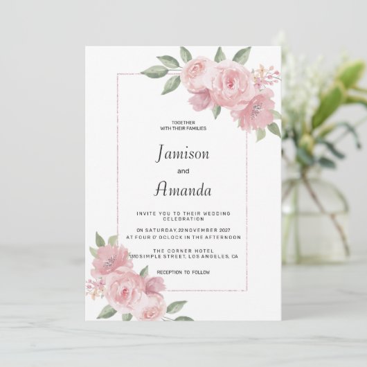 Botanical mint green pastel pink floral Wedding 招待状 (スタンド正面)