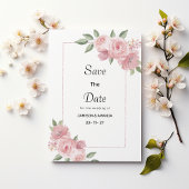Botanical mint pastel pink floral Save The Date 招待状
