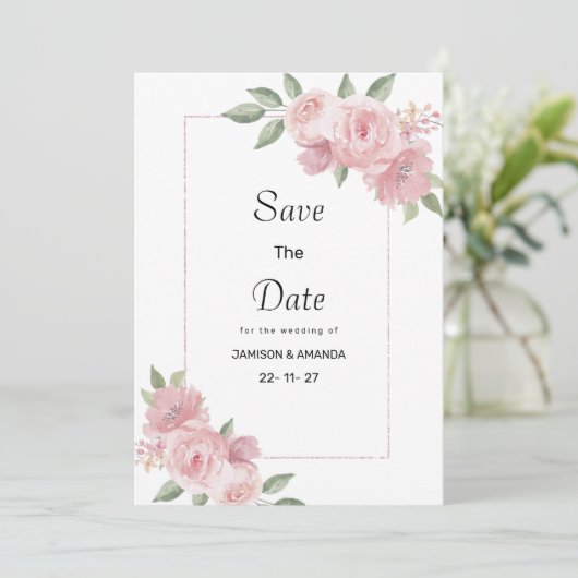 Botanical mint pastel pink floral Save The Date 招待状 (スタンド正面)