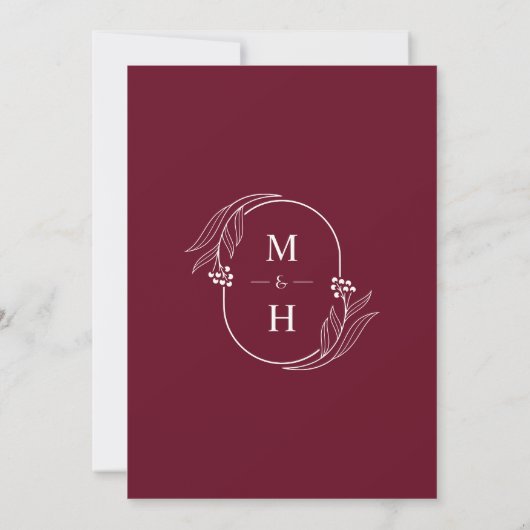 Botanical Monogram Burgundy Modern Wedding 招待状 (裏面)