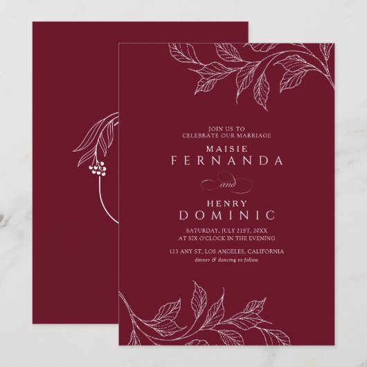 Botanical Monogram Burgundy Modern Wedding 招待状 (正面/裏面)
