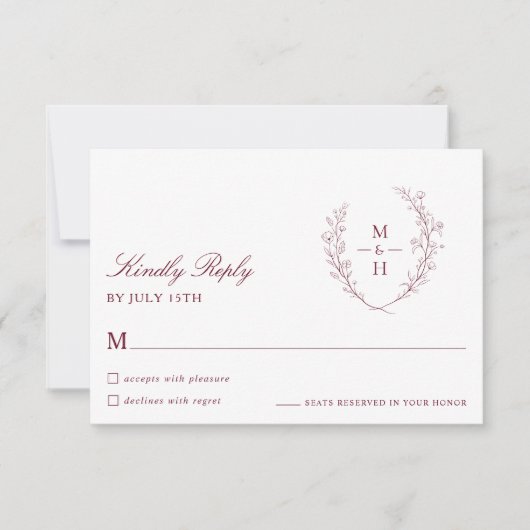 Botanical Monogram Burgundy Script Wedding RSVP (正面)