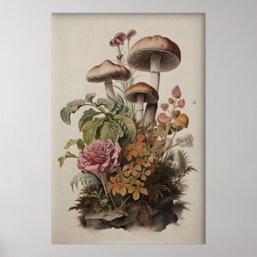 Botanical Mushroom Print, Boho Moss Fern ポスター (正面)