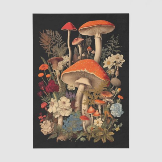 Botanical Mushrooms & Flowers on Black Background 薄葉紙 (正面)