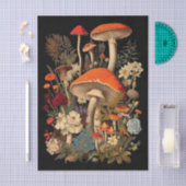 Botanical Mushrooms & Flowers on Black Background 薄葉紙 (クラフト)