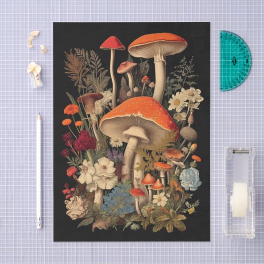 Botanical Mushrooms & Flowers on Black Background 薄葉紙 (クラフト)