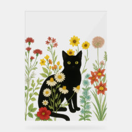 Botanical Nature – Black Cat in Wildflower Garden アクリルサイン