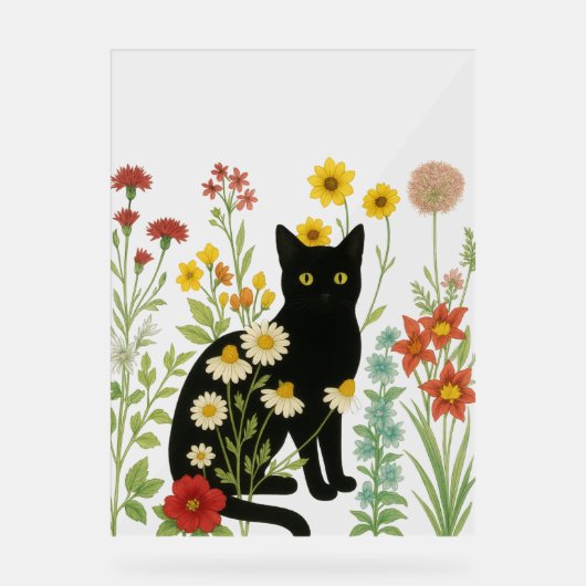 Botanical Nature – Black Cat in Wildflower Garden アクリルサイン (正面)