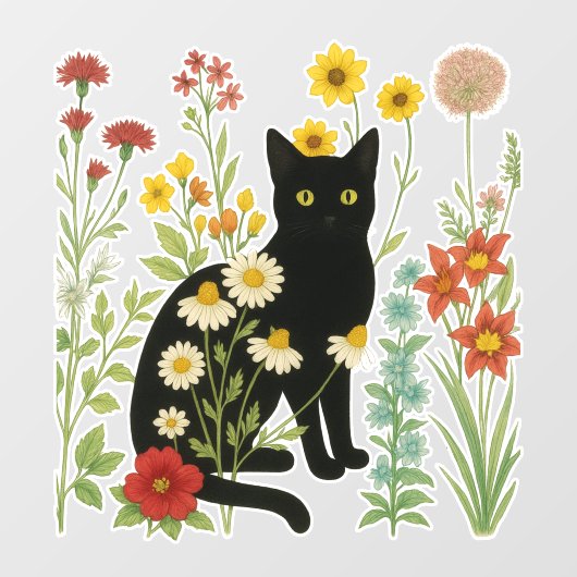 Botanical Nature – Black Cat in Wildflower Garden ウィンドウサイン (シート)