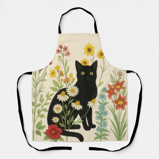 Botanical Nature – Black Cat in Wildflower Garden エプロン (正面)