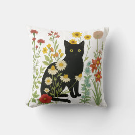Botanical Nature – Black Cat in Wildflower Garden クッション
