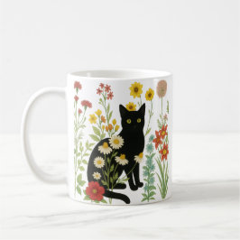 Botanical Nature – Black Cat in Wildflower Garden コーヒーマグカップ