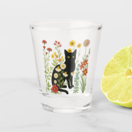 Botanical Nature – Black Cat in Wildflower Garden ショットグラス