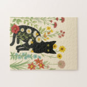 Botanical Nature – Black Cat in Wildflower Garden ジグソーパズル (横)