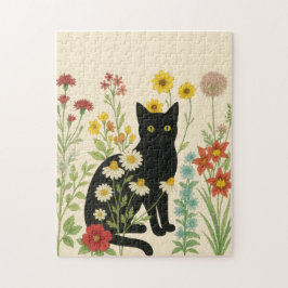 Botanical Nature – Black Cat in Wildflower Garden ジグソーパズル