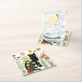  Botanical Nature – Black Cat in Wildflower Garden スクエアペーパーコースター (インサイチュ)