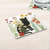  Botanical Nature – Black Cat in Wildflower Garden スクエアペーパーコースター (アングル)