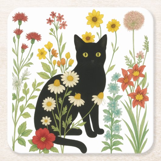  Botanical Nature – Black Cat in Wildflower Garden スクエアペーパーコースター (正面)