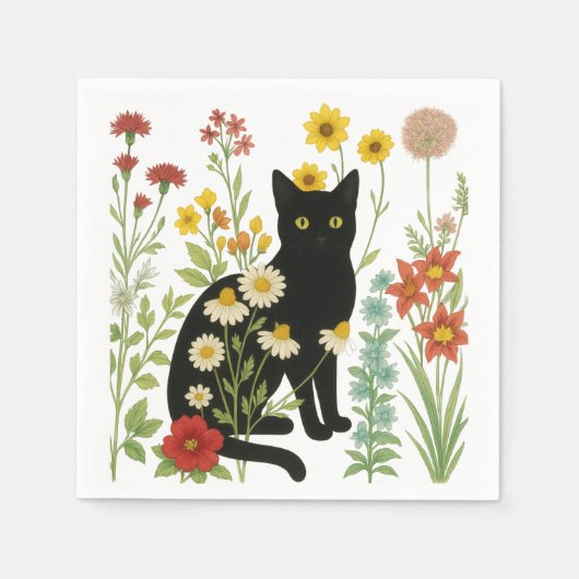 Botanical Nature – Black Cat in Wildflower Garden スタンダードカクテルナプキン (正面)