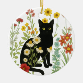 Botanical Nature – Black Cat in Wildflower Garden セラミックオーナメント
