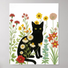 Botanical Nature – Black Cat in Wildflower Garden ポスター