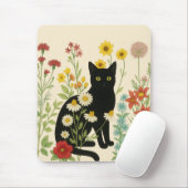 Botanical Nature – Black Cat in Wildflower Garden マウスパッド (マウス)