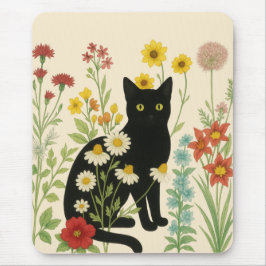 Botanical Nature – Black Cat in Wildflower Garden マウスパッド