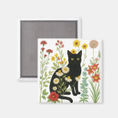  Botanical Nature – Black Cat in Wildflower Garden マグネット (正面/裏面)