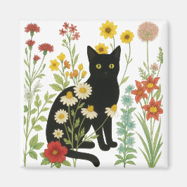 Botanical Nature – Black Cat in Wildflower Garden マグネット