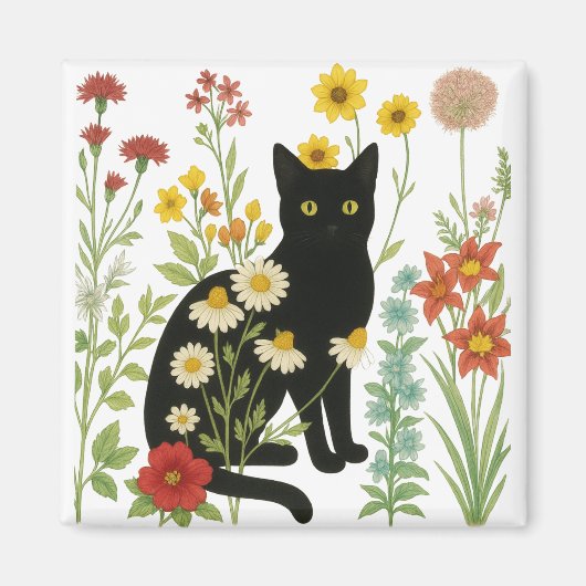  Botanical Nature – Black Cat in Wildflower Garden マグネット (正面)