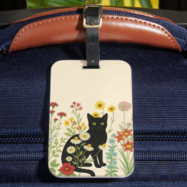 Botanical Nature – Black Cat in Wildflower Garden ラゲッジタグ