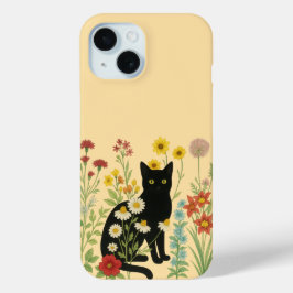 Botanical Nature – Black Cat in Wildflower Garden iPhone 15ケース