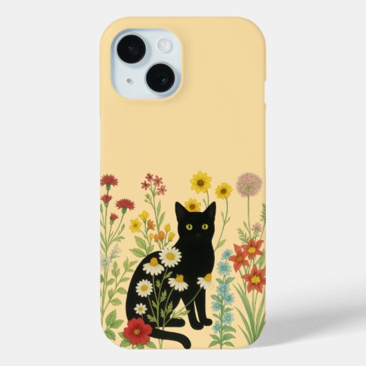  Botanical Nature – Black Cat in Wildflower Garden Case-Mate iPhoneケース (裏面)