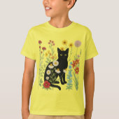 Botanical Nature – Black Cat in Wildflower Garden Tシャツ (正面)