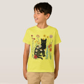 Botanical Nature – Black Cat in Wildflower Garden Tシャツ (正面フル)