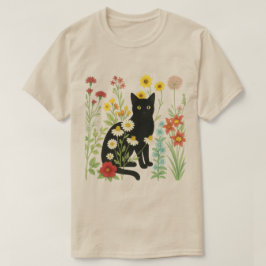 Botanical Nature – Black Cat in Wildflower Garden Tシャツ