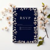 Botanical navy blue ivory gypsophila floral RSVP  招待状