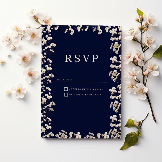 Botanical navy blue ivory gypsophila floral RSVP  招待状