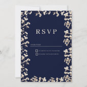 Botanical navy blue ivory gypsophila floral RSVP  招待状 (正面)