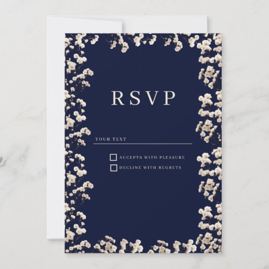 Botanical navy blue ivory gypsophila floral RSVP  招待状 (正面)
