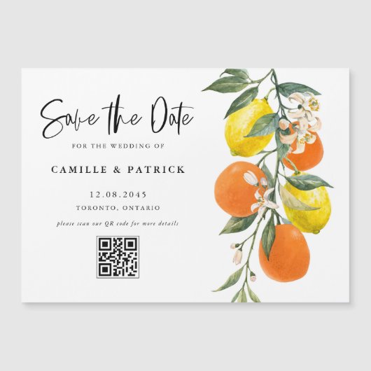 Botanical Orange and Lemon QR Code Save the Date マグネット招待状 (正面)