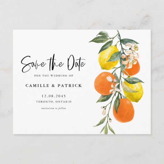 Botanical Orange and Lemon QR Code Save the Date 案内ポストカード (正面)