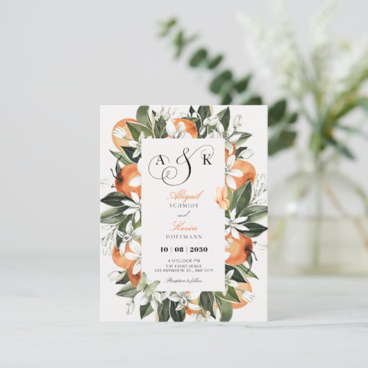 Botanical orange leaves watercolor wedding 招待状 (スタンド正面)